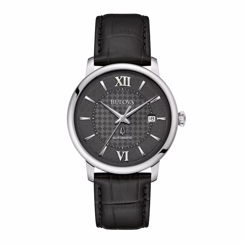 Bulova Hudson črna 96B441, črna številčnica s pletenim vzorcem in črn usnjen pašček, pogled od spredaj