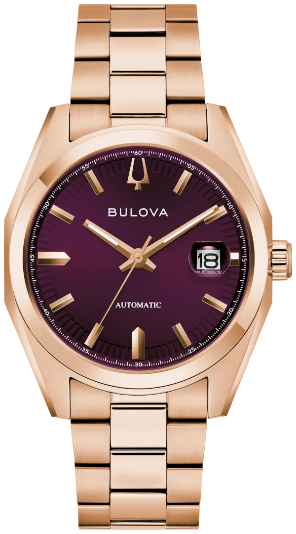 Bulova Surveyor Automatic 97B234, številčnica barve jajčevca s sončnim vzorcem in zapestnica v rožnato zlati barvi, pogled od spredaj
