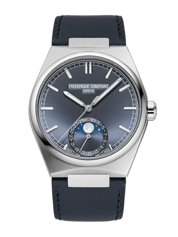 Frederique Constant Highlife Moonphase FC-716BL3NH6, modra številčnica z luninimi menami in moder pašček, pogled od spredaj