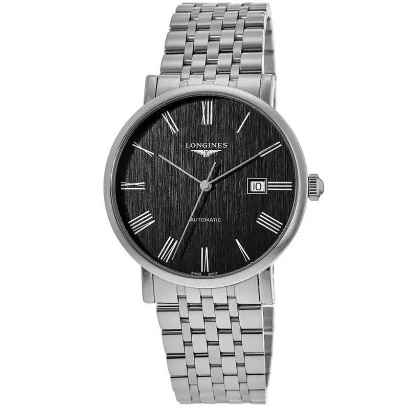 Longines Elegant Collection 41 mm L4.911.4.71.6, antracitna številčnica z rimskimi številkami in jeklena zapestnica, pogled od spredaj