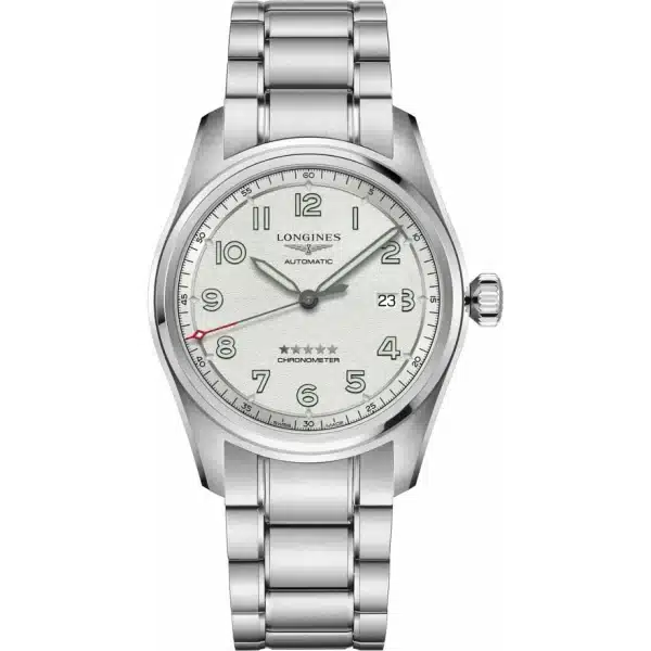 Longines Spirit Prestige Edition srebrna L3.810.4.73.9, srebrna številčnica in jeklena zapestnica, pogled od spredaj