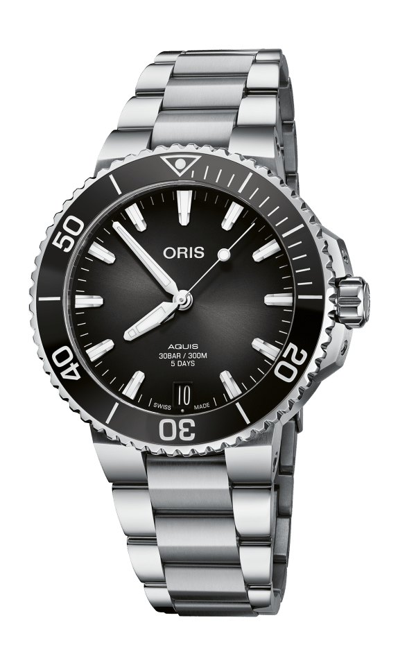 Oris Aquis Date Calibre 400 01 400 7769 4154 z antracitno sivo številčnico in temnim obročem, pogled od spredaj