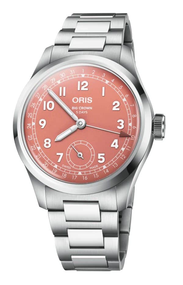 Oris Big Crown Pointer Date 01 403 7799 4068 s številčnico v barvi terakote in jekleno zapestnico, pogled od spredaj
