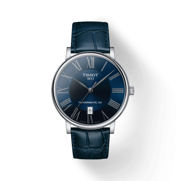 Tissot Carson Premium Powermatic 80 T122.407.16.043.00, modra številčnica z rimskimi številkami, pogled od spredaj