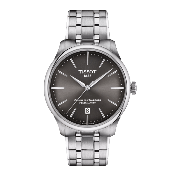 Tissot Chemin des Tourelles Powermatic 80 T139.807.11.061.00 z antracitno sivo številčnico, pogled od spredaj