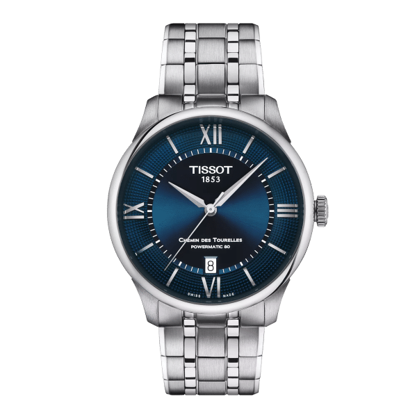 Tissot Chemin des Tourelles Powermatic 80 T139.807.11.048.00 z modro številčnico in rimskimi številkami, pogled od spredaj