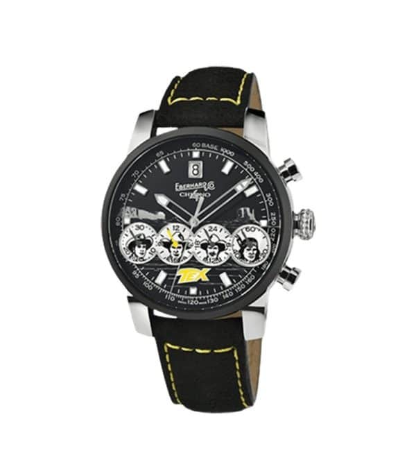 Eberhard Chrono 4 Pards 31079.01 CP od spredaj, črna številčnica, črn keramični obroč in pašček z rumenimi šivi
