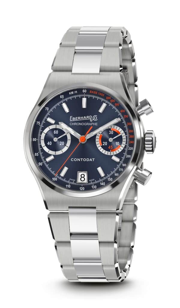 Eberhard Contodat Chronographe 31156.01 CA2C, modra številčnica s sončnim vzorcem in integrirana jeklena zapestnica