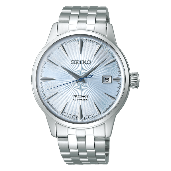Seiko Presage Cocktail Time SRPE19J1 z ledeno modro sončno številčnico in jekleno zapestnico, pogled od spredaj