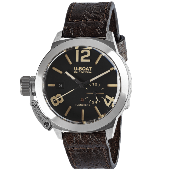 U-BOAT Classico Tungsteno Black 8893, črna številčnica in obroč iz poliranega volframa, pogled od spredaj